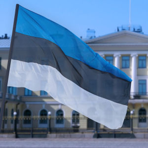 Estlands flagga framför presidentens slott i Helsingfors.