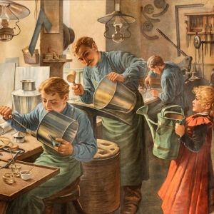 Plåtslagare ur serien Meinholds hantverksbilder. Felix Eiβner, Tyskland före år 1904. Påtslagare ur serien Meinholds hantverksbilder. Felix Eiβner, Tyskland före år 1904.
