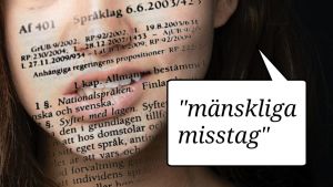 Institutet för hälsa och välfärd kommer på jumboplats i Svenska Yles jämförelse. Knappt hälften av de finskspråkiga aktualitetstexterna har översatts till svenska. En mun som grinar ursäktande, på ansiktet ett utdrag av språklagen, nere till höger en pratbubbla med texten "mänskliga misstag".