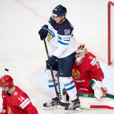 Mikko Rantanen MM-kisaottelussa Valko-Venäjää vastaan.