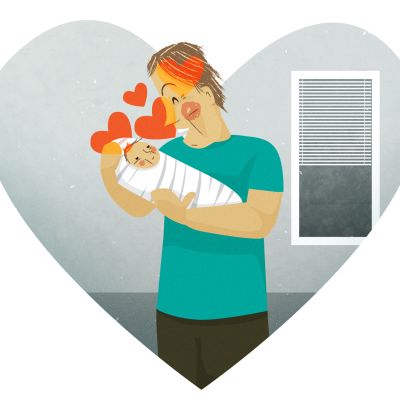 Grafiikka rakastavasta isästä vauva sylissään.