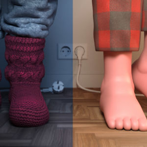 Graafinen kuva kaksista jalkapareista lattialla, toisella jalassa villasukat ja toinen on paljain jaloin.