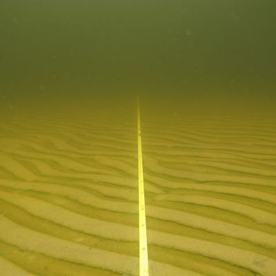Merenpohjaa ja Metsähallituksen kartoittajien pohjaan laskemaa linjaköyttä