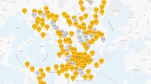Skärmdumpen från kaupunkifillarit.fi visar att det torsdag morgon var många stationer som var tomma på cyklar. Karta som visar var det finns lediga stadscyklar. Skärmdump från kaupunkifillarit.fi.