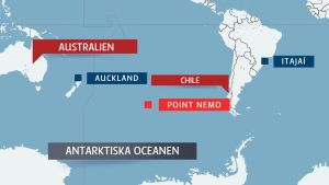 Etapp sju i VOR går från Auckland till Itajaí. Några hundra kilometer efter Point Nemo föll John Fisher överbord. Karta över Södra Oceanen.