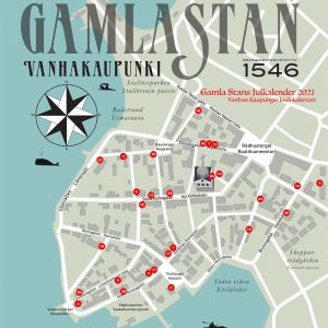Facit och karta över alla kalenderfönster i Gamla stan i Ekenäs år 2021.