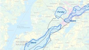 Kartan visar en del av de västnyländska grundvattenområdena. En karta som visar var det finns grundvatten på området mellan Ekenäs och Karis.