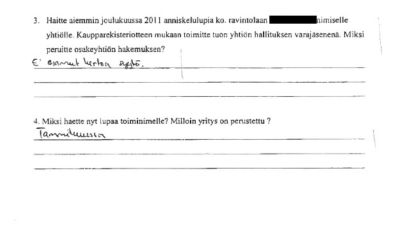 Bild av ett dokument med frågor om krogverksamheten.