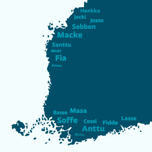 En karta på Finland med olika finlandssvenska smeknamn.