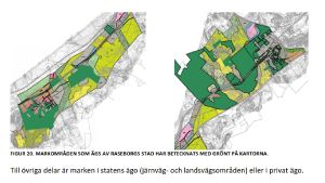 Den här kartan visar de markområden Raseborgs stad äger. De är gröna. En karta som visar Raseborgs stads markägor på området Horsbäck-Läpp.