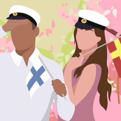 Manlick och kvinnlig figur med studentmössa som håller en finsk och en finlandssvensk flagga
