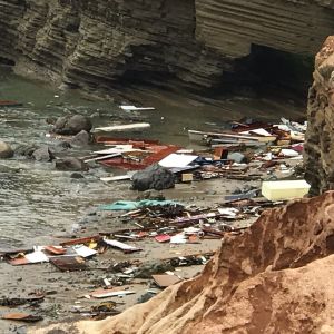 Räddningstjänsten i San Diego har publicerat bilder på spillrorna efter båten. Bilden visar vrakdelar och bråte från den förlista smuggelbåten vid en strand i San Diego.