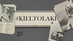 Kieltolaki-teksti paperilla. Ympärillä raittiusliikkeen juliste ja kieltolakiin liittyviä valokuvia.