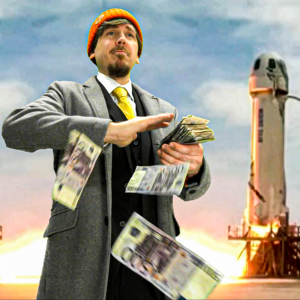 Kuvassa toimittaja Tuukka Pasasen hahmo Viikon Tuukka heittelee käsistään 500 euron seteleitä puku päällään, taustalla näkyy avaruusraketti, joka on laukaisualustaltaan lähdössä lentoon.