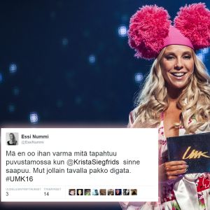 Krista Siegfrids hauskassa asussa ja twiitti asunvaihdoista.