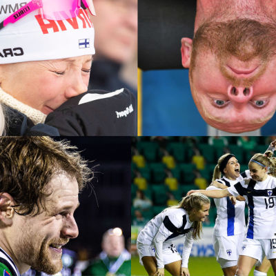 Collage av fyra bilder: Kaisa Mäkäräinen, Akilles bandy, Robert Helenius och Finlands fotbollsdamer.