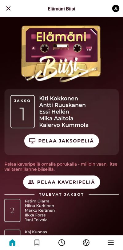 Elämäni Biisi -kännykkäpelin etusivun näkymä