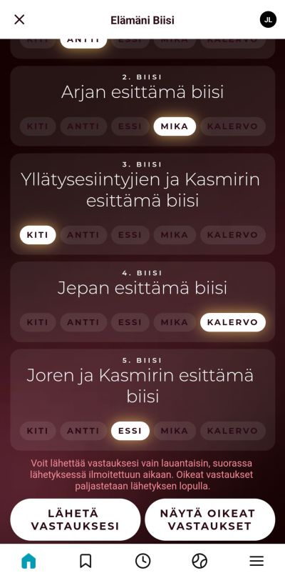Elämäni Biisi -kännykkäpelin veikkausruutu