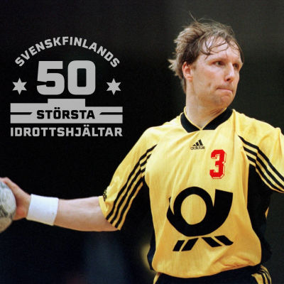 Mikael Källman spelar i Tusem Essen säsongen 1998/1999. På bilden också logon för Svenskfinlands 50 största idrottshjältar.