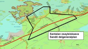 Området som planläggningen gäller är utritat på kartan. En karta som visar området för Sandö delgeneralplan i Hangö 2015.
