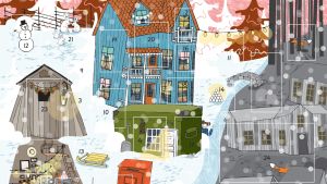 Julkalenderns bildsättning och grafik: Johanna Högväg En stad med många gråa hus på ena sidan av ån och färgglada på den andra