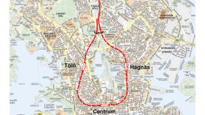 Centrumslingan skulle enligt planerna gå i tunnlar under Helsingfors. Det här skulle lätta upp rusningen på bangården och göra det möjligt för flera tåg att färdas samtidigt. Centrumslingan som den planeras.