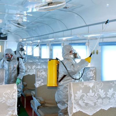 epa08218857 A photo released by the official North Korean Central News Agency (KCNA) shows people spraying disinfectant to combat the Covid-19 and coronavirus in Pyongyang, Democratic People's Republic of Korea, 15 February 2020. EPA-EFE/KCNA EDITORIAL USE ONLY