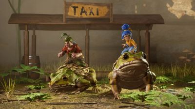 Två animerade personer som rider på grodor.