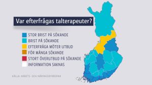 Grafiken baserar sig på Arbets- och näringsbyråernas uppgifter över arbetssökande. Mer exakta uppgifter om hur behovet ser ut i en specifik stad finns på www.ammattibarometri.fi. Grafik för Myteriet