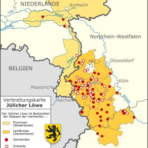 På den här kartan ser man tydligt Mönchengladbachs (MG) position som enklav inom landet Jülich. Enklaven Mönchengladbach