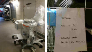 Saker i korridoren på Kvinnokliniken på torsdag kväll. Texten “rengöring först på Kvinnokliniken” har gjort en av de anställda rädd för att smutsiga saker kommit från Barnmorskeinstitutet. Enligt barmorskan Ville Tuppurainen har allt som förts från Barnmorskeinstitutet till Kvinnokliniken putsats, och lappen kan handla om att sakerna ska rengöras på nytt. saker i korridor på kvinnokliniken.