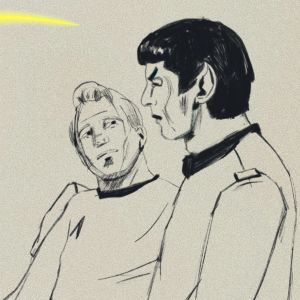 En skiss av Kirk och Spock som omfamnar och tittar ömt på varandra.