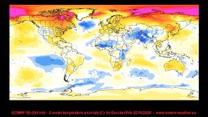 Långtidsprognos för vintern 2019–2020 gjord av ECMWF. Gul och röd färg markerar områden där det är varmare än vanligt för årstiden, blå färg indikerar kallare än normalt. En prognoskarta för temperaturavvikelser under vintern 2019-2020.