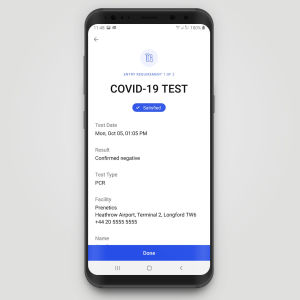 Mobilappen kan ta emot information om att man har testat negativt för covid-19. En app som visar att man har testat negativt för covid-19.