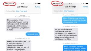 Skärmdumpar från kommunikationsminister Anne Berners telefon publicerades förra onsdagen på Kommunikationsministeriets hemsida. Operatörslogon (Sonera) visar att ministern har använt en privat telefon för meddelandeutbytet. Skärmdumpar från kommunikationsminister Anne Berners telefon publicerades förra onsdagen på Kommunikationsministeriets hemsida. Operatörslogon (Sonera) visar att ministern har använt en privat telefon för meddelandeutbytet.
