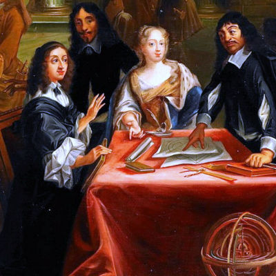 Målning som förestäåller drottning Kristina och filosof Descartes samtala vid ett bord.