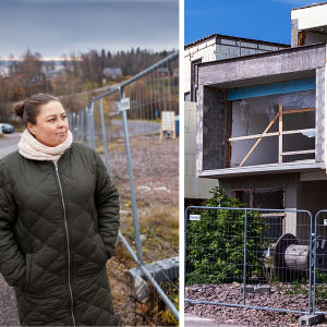 Kaksi kuvaa: vasemmalla Minna Ruolanto, oikealla keskeneräiset rakennukset.