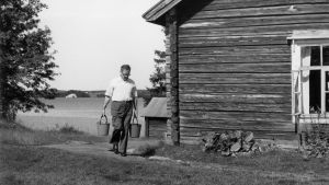 Kalle Päätalo syntymäkotinsa pihamaalla vuonna 1977. Kalle Päätalo kotitalonsa pihalla vuonna 1977.