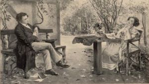 Dortchen Wild berättar sagor för Wilhelm i Fritz Genutats målning från 1912. Dortchen Wild berättar sagor för Wilhelm Grimm i Fritz Genutats målning från 1912.