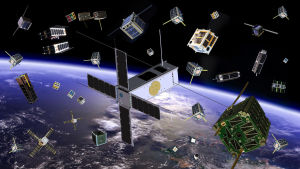 Hieman humoristinen piirros satelliiteista taivaalla