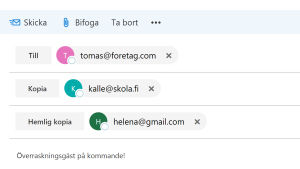 Skärmdump från Hotmail. De andra mottagarna ser inte Helenas e-postadress. Skärmdump från Hotmail. De andra mottagarna ser inte Helenas e-postadress.