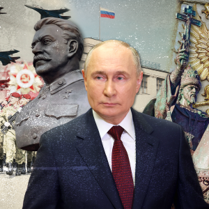 Kollaasi tekniikalla tehty kuvitus, jossa kekskellä Putin. Putinin oikealla sivulla on Ivana IV:n patsas ja vasemmalla sivulla Stalinin patsas. Taustalla on kaksipäinen kotka, sotilaita Punaisella torilla ja venäläisiä hävittäjiä.
