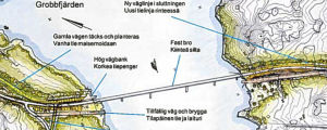 Trafikledsverket har gjort upp en skiss på hur en bro kunde se ut. Fastlandet till vänster och Skåldö till höger på bilden. En karta där en bro har ritats in.