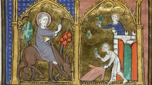 Detail of the upper section of the miniature, with scenes of the Entry of Jesus into Jerusalem [Palm Sunday]. Image taken from f. 17v of Psalter and Hours, Use of Arras. Written in Latin, with some French.