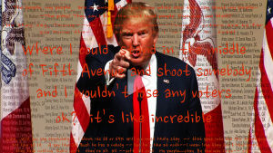 Martha Roslers verk "Point n’ Shoot", 2016 - 2018. Bild på Martha Roslers verk som föreställer USA:s president Donald Trump.