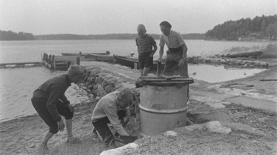 Arvo Ylppö och barn röker fisk, 1960