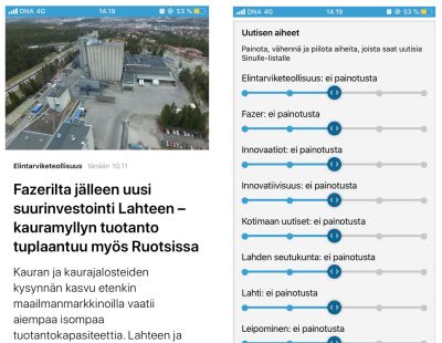 Kuvakaappaus miten Yle Uutisvahti -sovelluksessa vo painottaa eri aiheita.