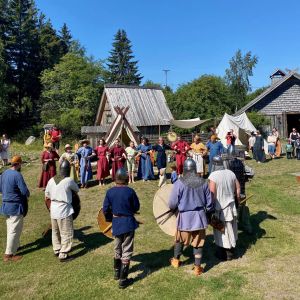 Publiken fick själv delta i programmet. Många människor i vikingakläder dansar i ett långt led på en gräsmatta framför hus byggda i vikingastil.