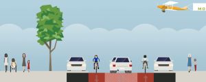 Illustration över 2-1-vägen. När två bilar möter varandra använder de cykelfilerna för att komma förbi. Cyklisterna har förkörsrätt, så bilisterna måste vänta på passligt läge. Illustration över Ågatan som 2-1 väg där det finns en körfil i mitten och två cykelfiler på sidorna.