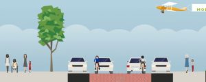 Så här ser det ut på Ågatan i nuläget. Cyklisterna åker på körbanan och fotgängarna håller sig till trottoaren. Illustration över nuläget på Ågatan med två körfiler där också cyklar tar sig fram.